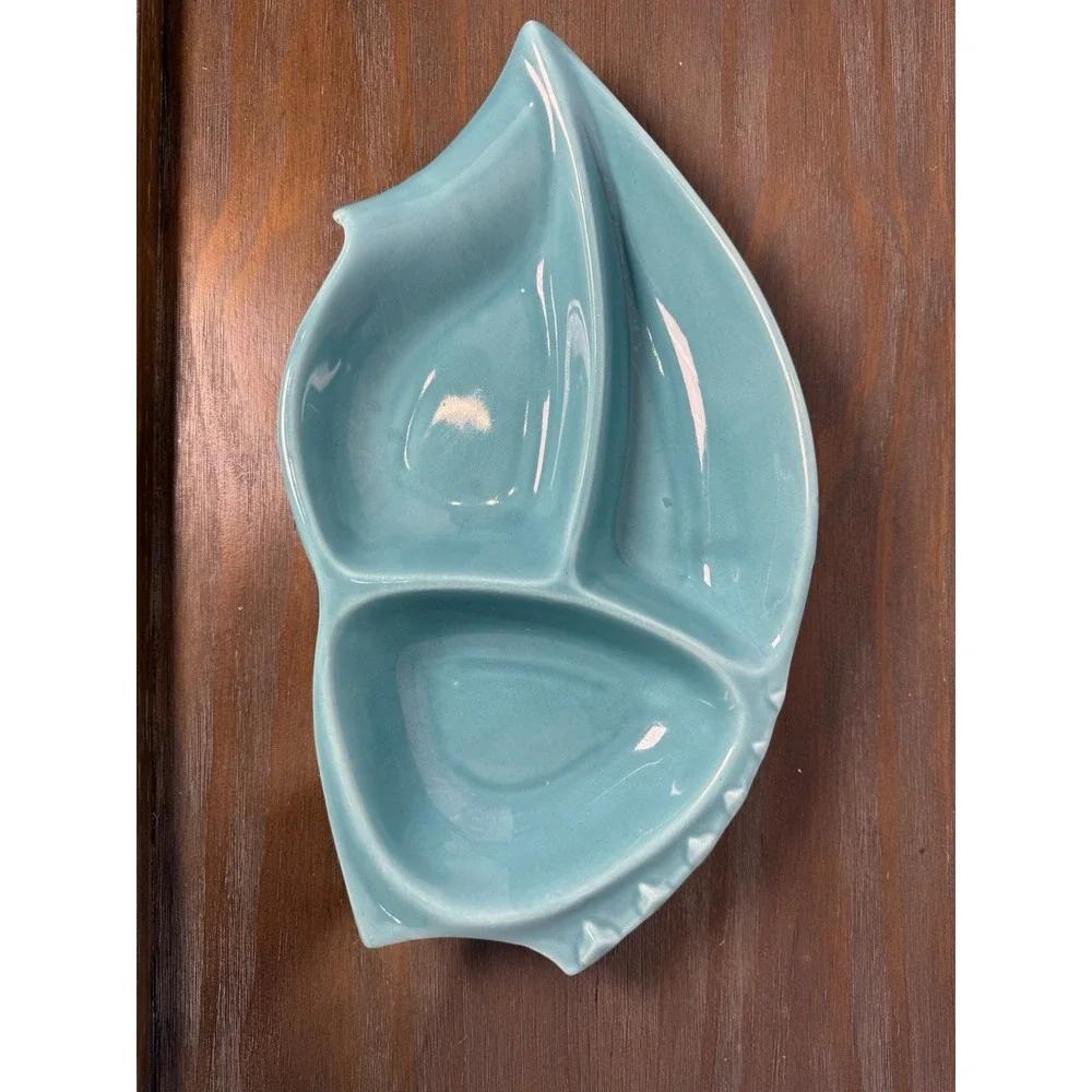 Vintage MCM Turquoise Ceramic Divided Leaf Serving Dish USA 16